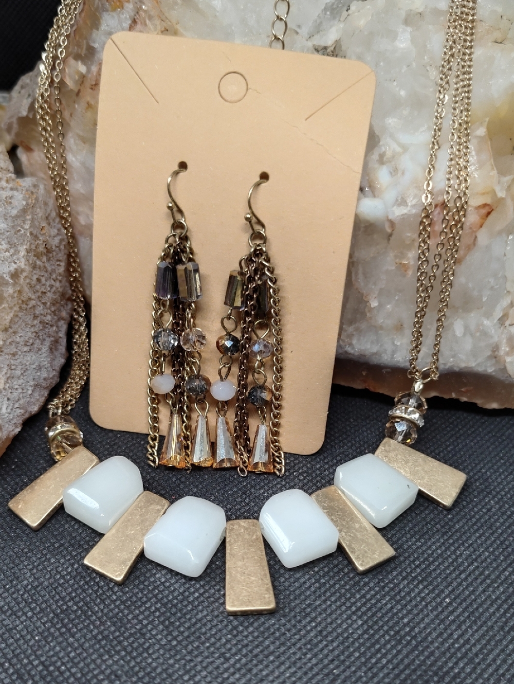 Gold Tone and White Stone Statement Necklace with Earrings